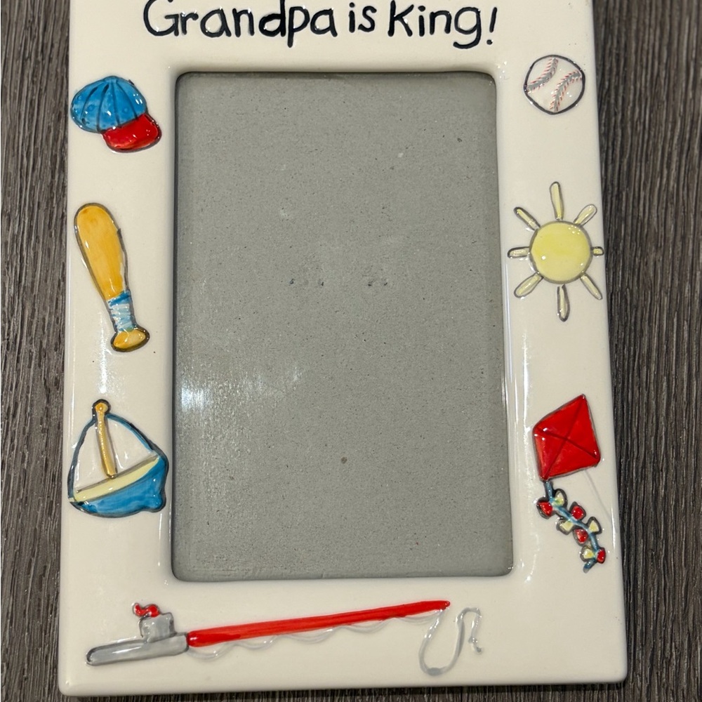 Russ 'Grandpa is King!' Ceramic Picture Frame with Red, Blue, Yellow Accents